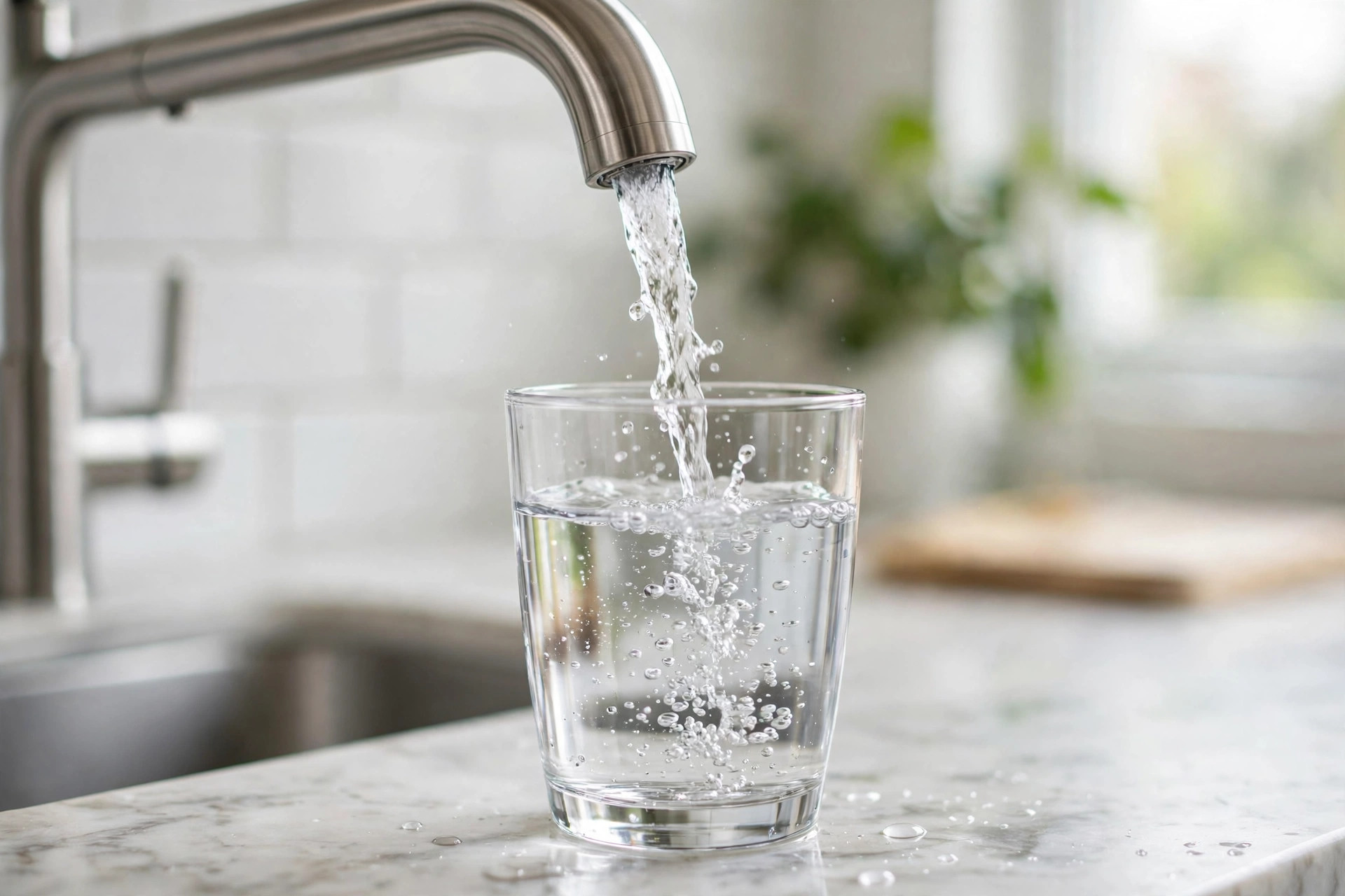 Vaso de agua llenándose desde el grifo de la cocina